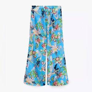 ZARA || Blue Floral Flared Leg Cropped Trouser Pants Size S
